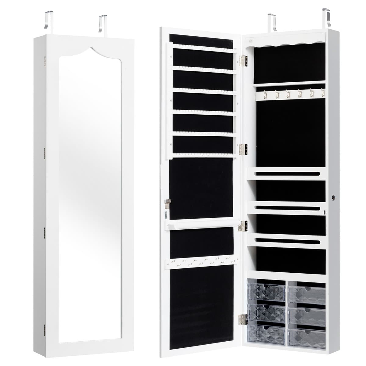 Armoire à Bijoux Murale LED avec Miroir 6 Tiroirs Hauteur du Crochet Ajustable 120x36,5x11,5CM Blanc