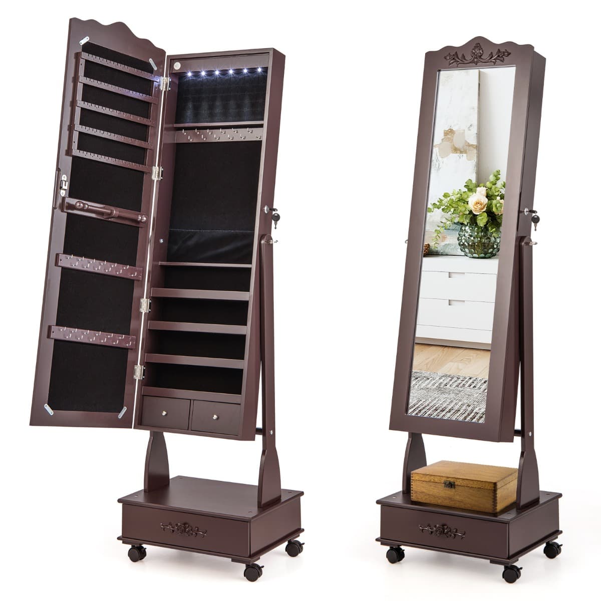 Armoire à Bijoux avec Miroir Pleine Longueur 4 Roues Verrouillables lumières LED et Tiroirs 3 Angles