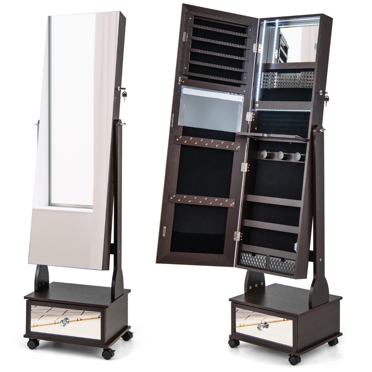 CostwayArmoire à Bijoux sur Pied 4 Roues Verrouillables Miroir Pleine Longueur Lumières LED Tiroir Serrure et Clé Brun