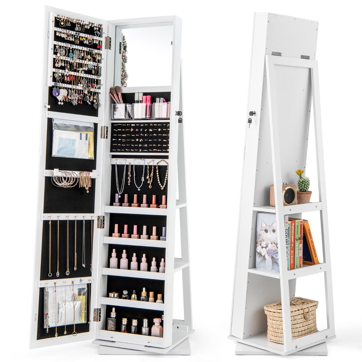 CostwayArmoire à Bijoux Pivotante à 360° Organisateur de Bijoux Debout avec Miroir 3 Boîtes de Rangement & 2 Poches Zippées Blanc