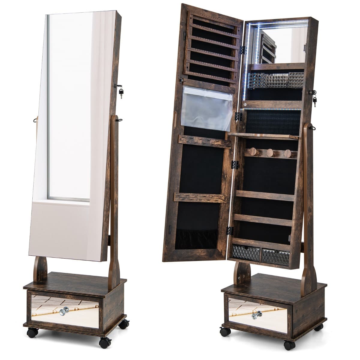 CostwayArmoire à Bijoux sur Pied 4 Roues Verrouillables Miroir Pleine Longueur Lumières LED Tiroir Serrure et Clé Marron