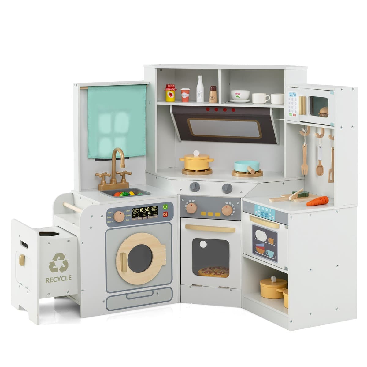 CostwayCuisine d'Angle avec Lumières et Sons Cuisine en Bois Interactive avec Poubelle Coulissante Rideau Évier Plaques de Cuisson pour 3+ Ans Gris
