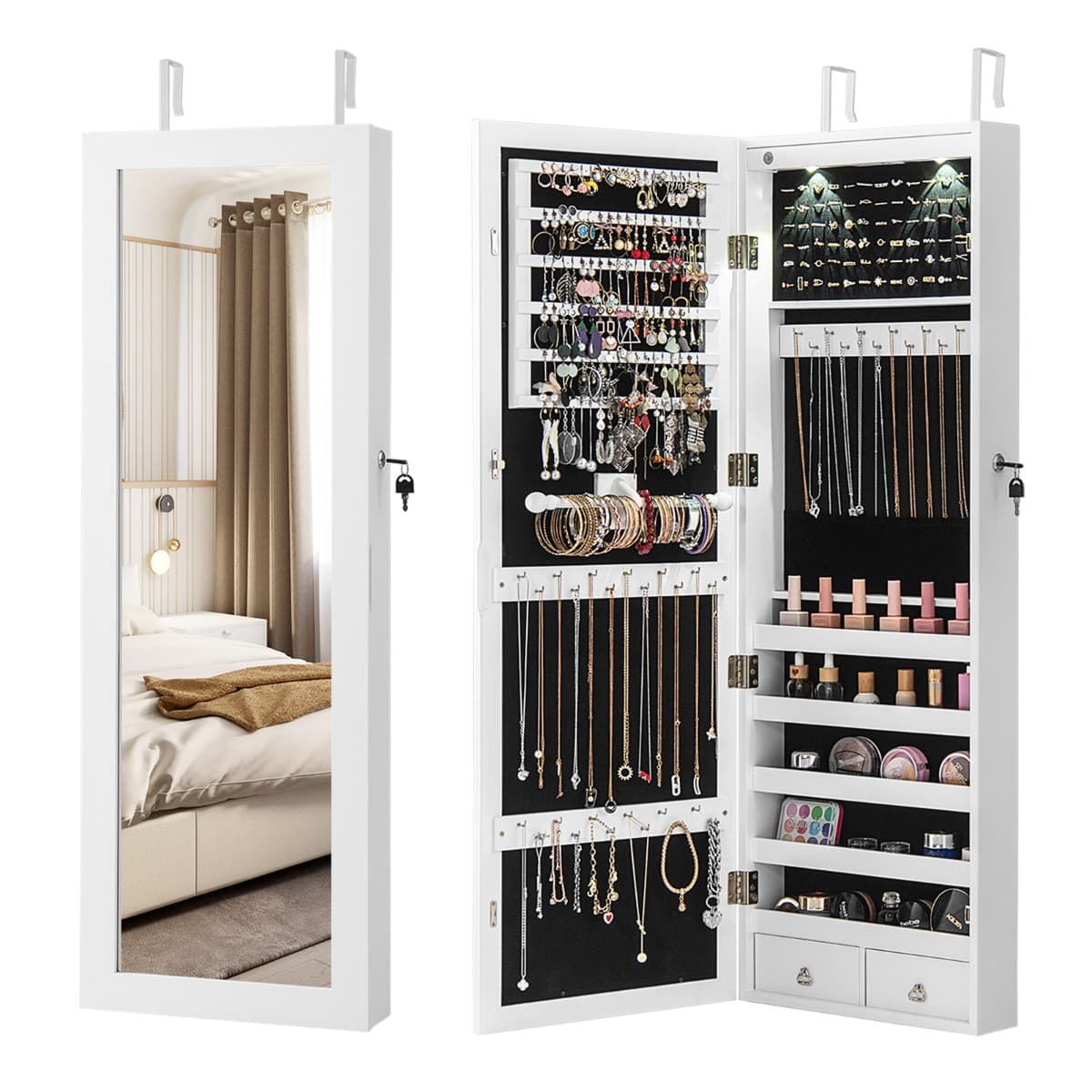Armoire à Bijoux avec LED Dedans Crochets Miroir et Tiroirs pour Maquillage Quotidien et Bijoux 37 x