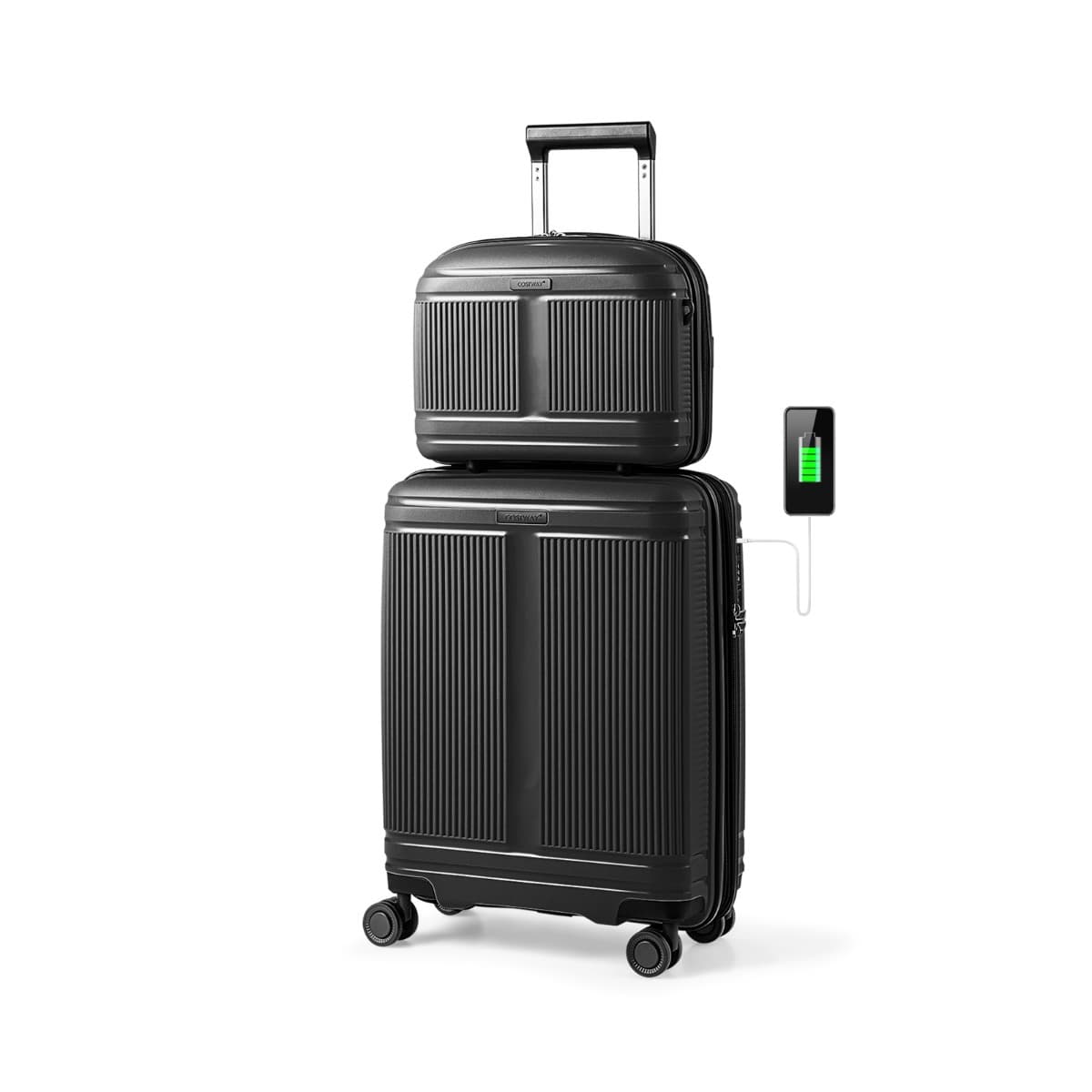 CostwayEnsemble de Bagages 2 Pièces Valise Cabine 50 CM et Trousse à Cosmétiques 35 CM Bagage à Coque en PP avec Serrure TSA Port USB Noir